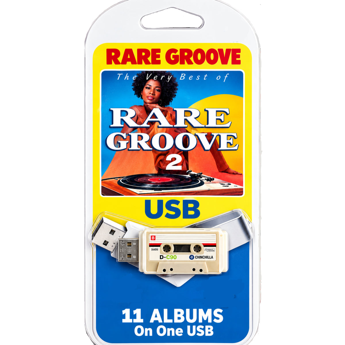 Rare Groove 2 USB music player in its original retail blister packaging, featuring a cassette tape design and promotional text for 11 albums.